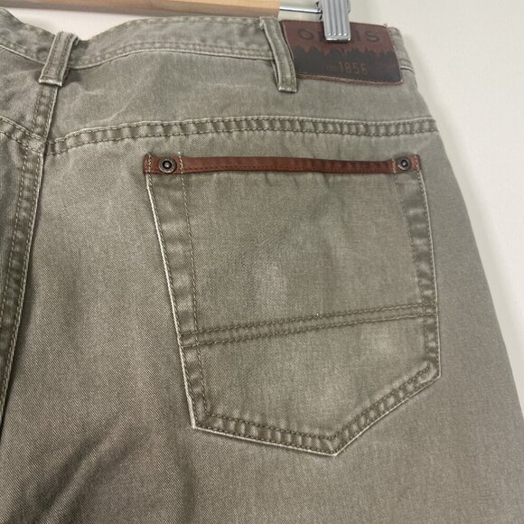 Orvis 5 Pocket Leather Trim Jeans Green Chino Denim Workwear Mens Size 36 X 34 - Picture 3 of 10
